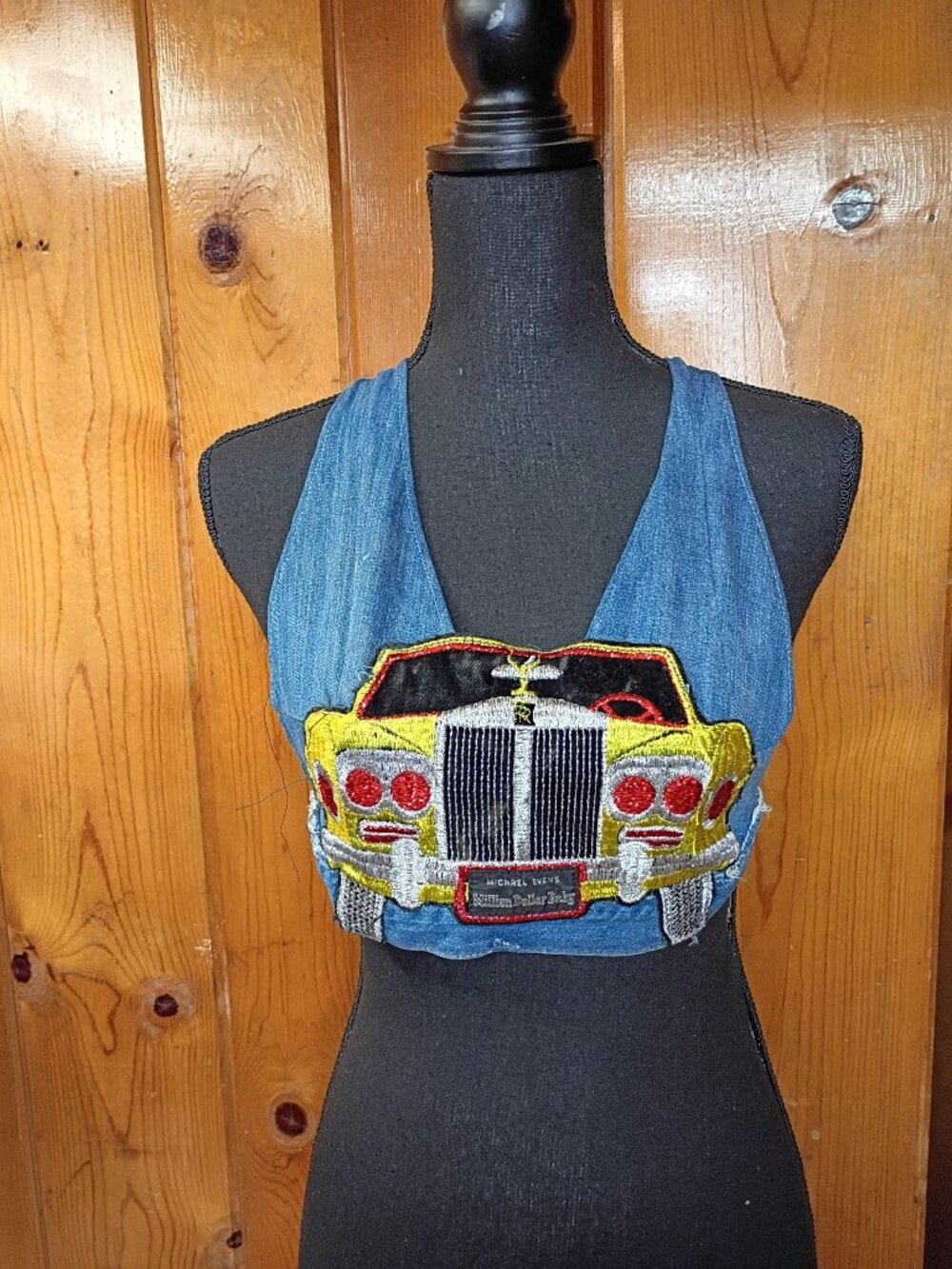 Vintage 1970s Halter Top Handmade Denim XS Patch Limo Disco Hippie Biker